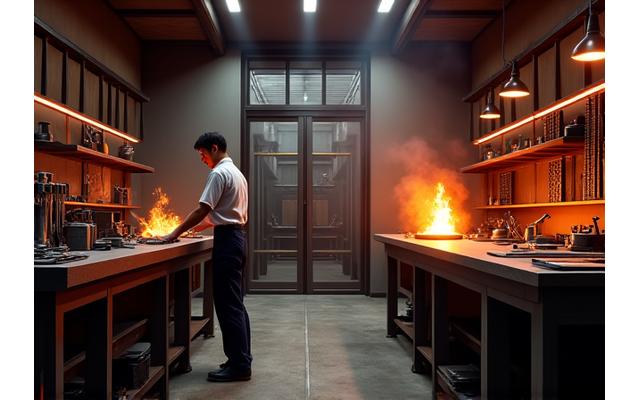 コハクフォージド銀座アトリエ内部。炎が燃え盛る伝統的な鍛冶炉と近代的な工具が並ぶ様子。