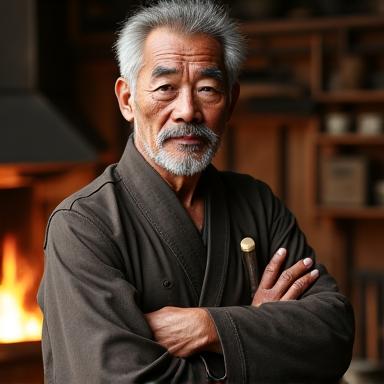 代表職人、琥珀健太郎のポートレート。炎の前で真剣な表情で槌を振るう姿。