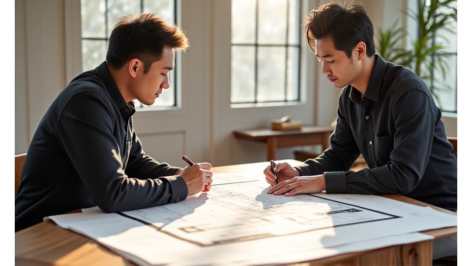 相談室で建築設計図を見ながら話すコハクフォージドの職人と建築家。