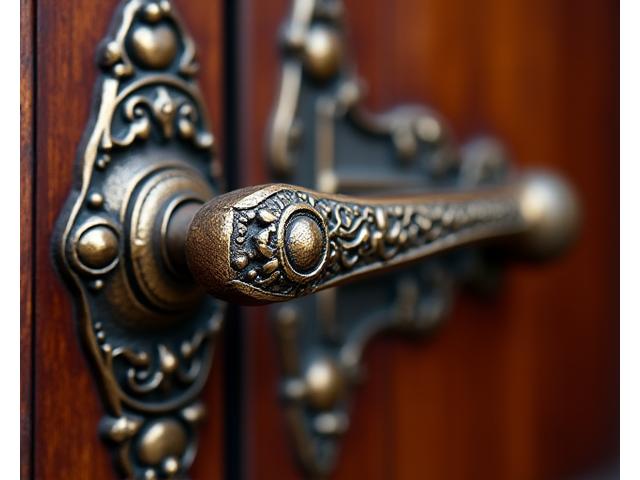 精巧な彫刻が施されたアンティーク調のドアハンドル。