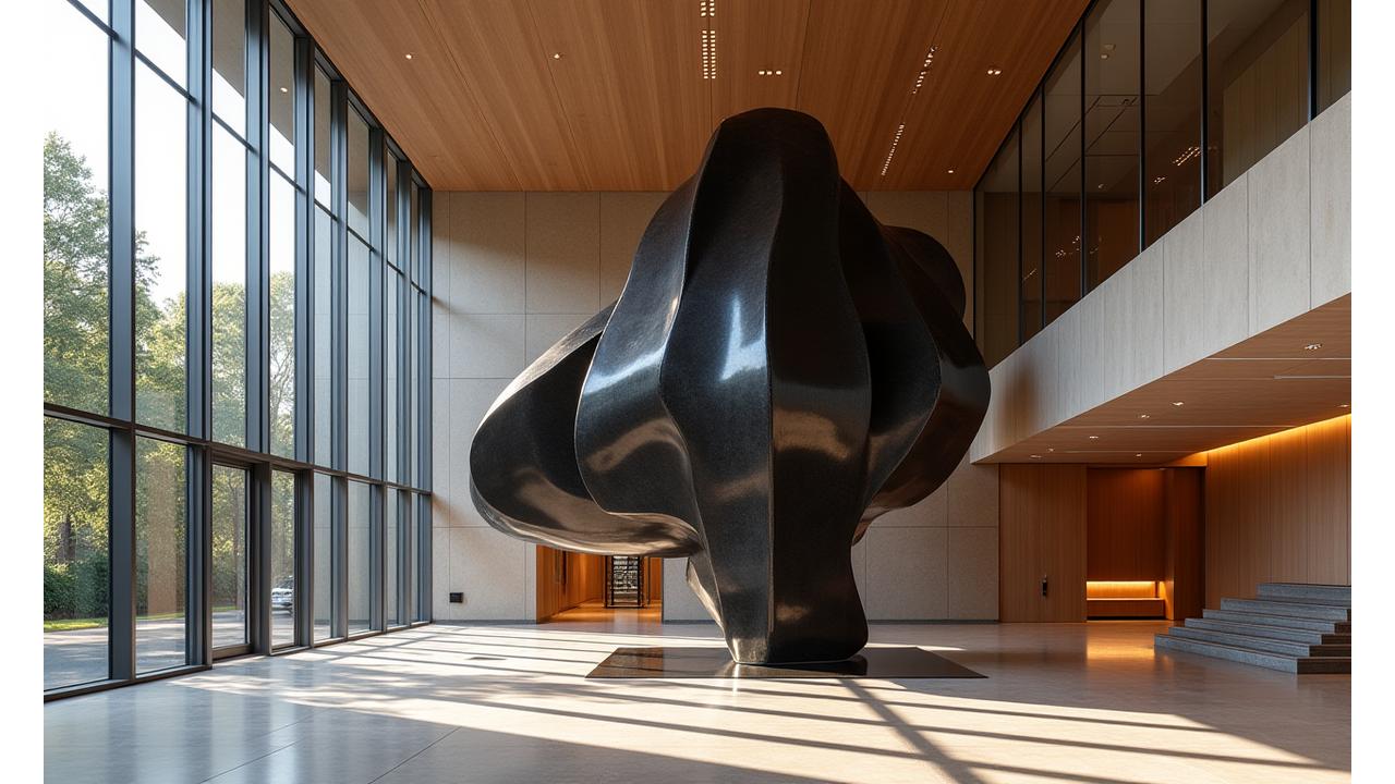 近代的な美術館のエントランスに設置された、建築と一体化した大型メタルアート作品。