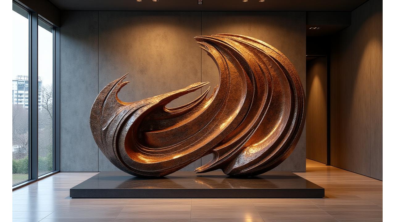 銀座のコハクフォージドが手掛けた、光を反射するダイナミックな抽象メタルアート彫刻のギャラリー。様々な角度から光が当たることで表情を変える作品群。