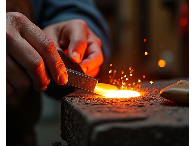 コハクフォージドのアトリエで、火花を散らしながら金属加工を行う職人の手元。