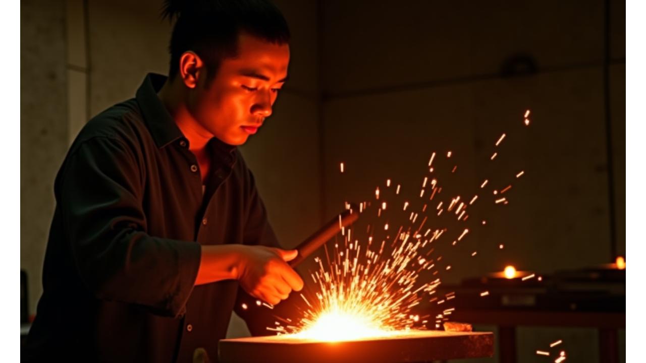 炎の前で熱心に作業する熟練の鍛冶職人