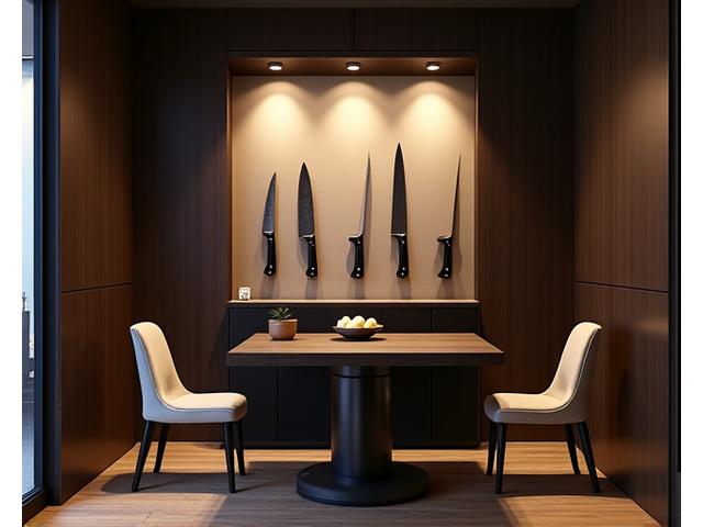 銀座の工房内にある、モダンで洗練された相談スペース。木製のテーブルと椅子があり、壁には美しい包丁が飾られている。