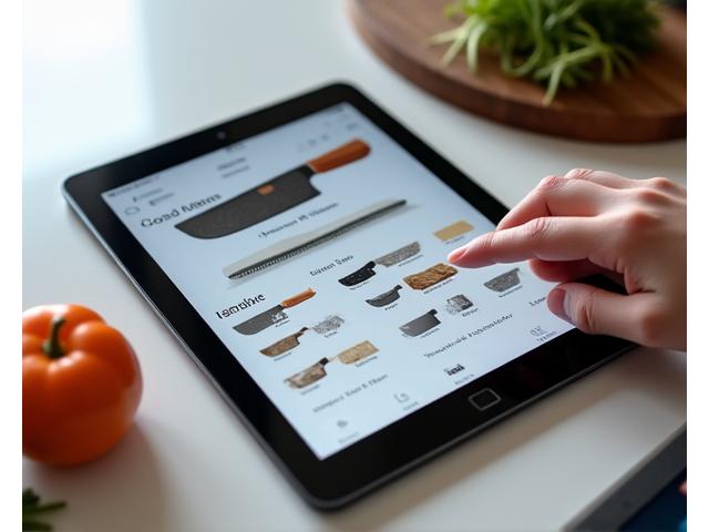 タブレット上のカスタマイズシミュレーター画面。様々な柄の素材や形状、刃の選択肢が表示され、ユーザーが包丁をカスタマイズしている様子。
