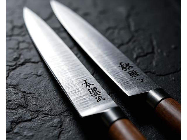 丁寧に研ぎ澄まされた出刃包丁と柳刃包丁。光沢のある刃面が美しく、まさに和食のプロの道具といった趣。