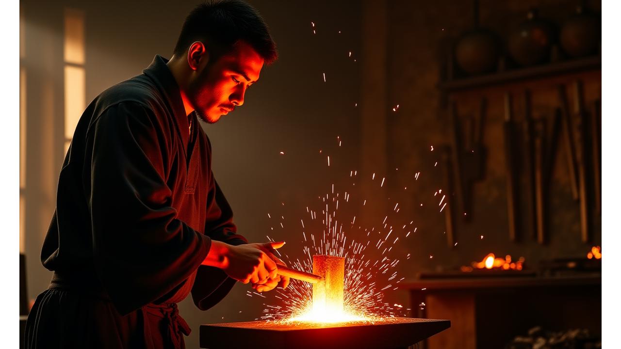職人が熱い炉から取り出した鋼を金槌で叩き、包丁の形に鍛造している様子。火花が飛び散り、集中した表情が伺える。