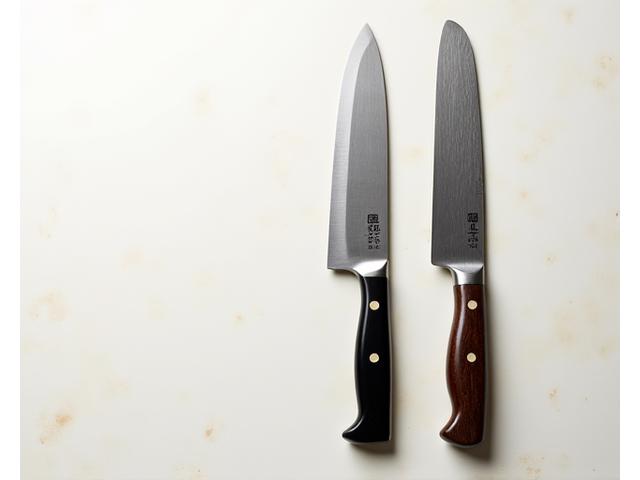 小型のペティナイフと、特徴的な形状の中華包丁が並べられている。料理人の細やかな作業を支える道具たち。