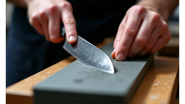 職人が回転する砥石を使って包丁の刃を慎重に研ぎ澄ましている。水が流れる中、集中して作業している手元がクローズアップされている。