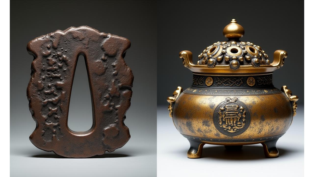 損傷した歴史的金属工芸品と、コハクフォージドによって完璧に修復され輝きを取り戻した同じ作品の並列比較画像。繊細なディテールと職人の技が光る。