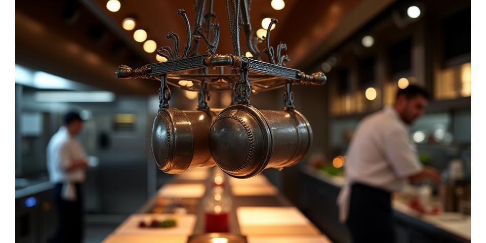 銀座のモダンなレストランに設置された特注の吊り下げ式調理器具