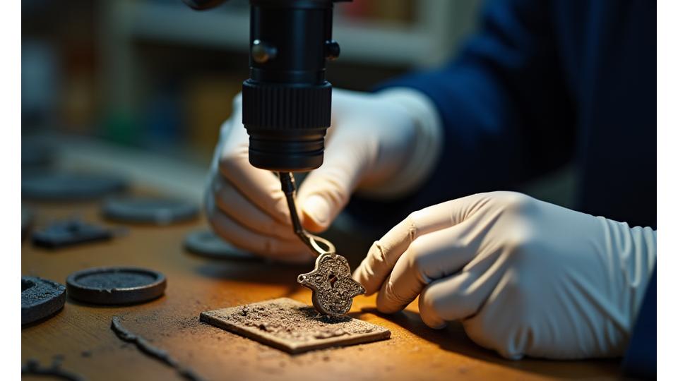 美術館での歴史的宝飾品の修復作業のクローズアップ