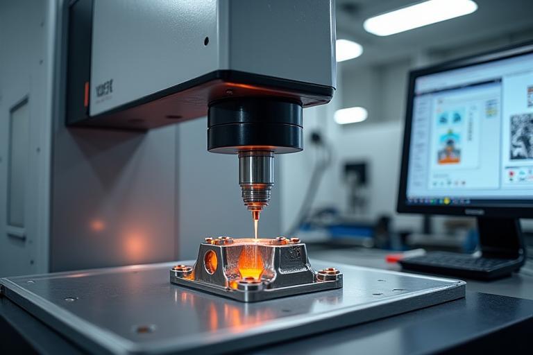 三次元測定機による部品の精密検査の様子、光るプローブが金属部品の表面をなぞっている