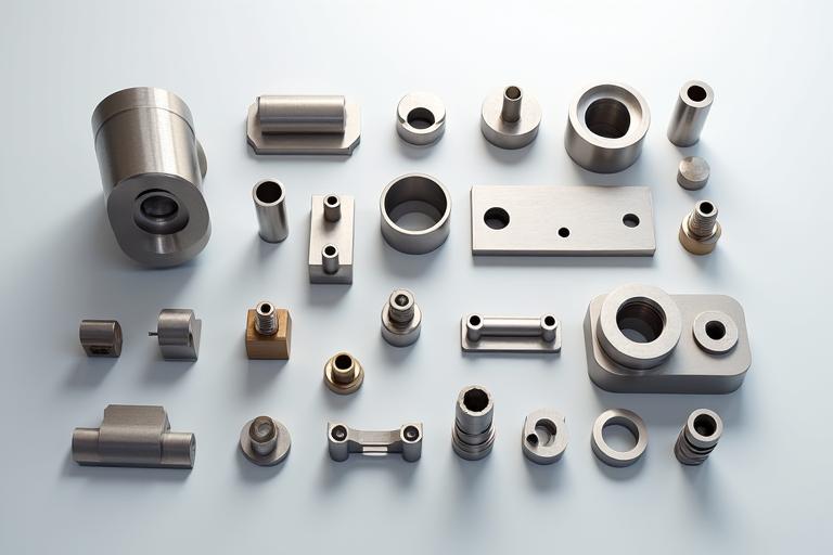 様々な高精度金属部品のサンプルが並べられている様子、異なる素材と表面処理が施されている