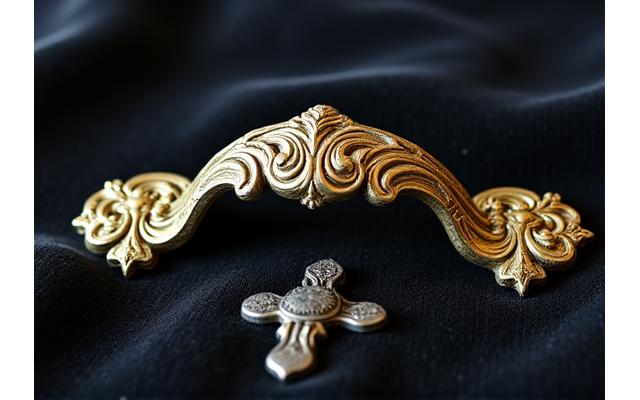 細密な彫刻が施された古い真鍮製の家具の取っ手が、完璧に修復され美しく輝いている。傍らには古い蝶番が