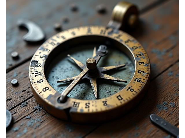 錆びつき、一部が破損した状態の古い真鍮製コンパス、長年の使用による劣化が目立つ