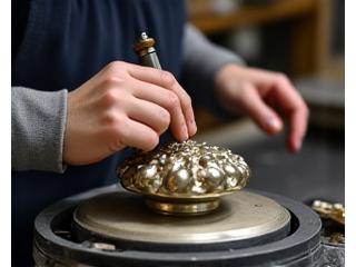 職人が繊細な金属製の彫刻作品を研磨機で慎重に磨き上げている。反射する光が作品の美しさを際立たせている