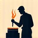 鍛冶職人が作業台で金属片をハンマーで慎重に叩き、形を整えている。火花が少し飛び散り、集中した表情