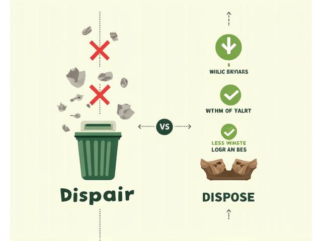 持続可能性を示すインフォグラフィック。修理と廃棄の比較を示しており、修理を選択することで資源消費、廃棄物、CO2排出が大幅に削減されることを視覚的に表現。緑と茶色を基調とした配色