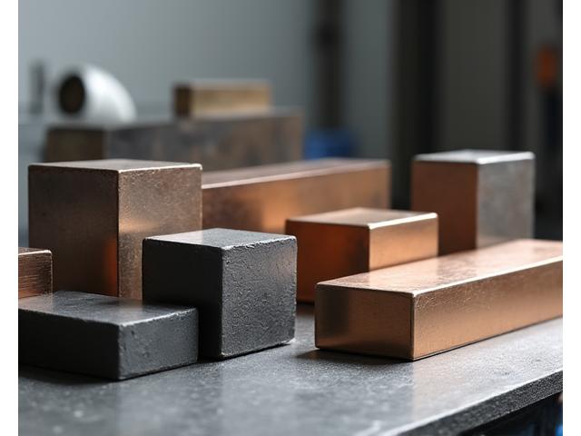 様々な種類の金属素材（鉄、ステンレス、銅など）のサンプルが並べられた工房の棚。