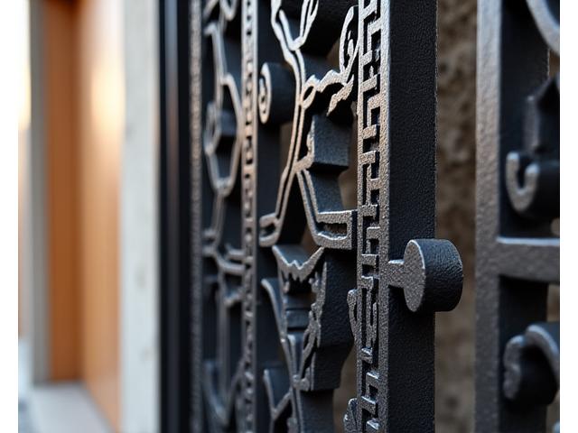 精巧に鍛造された和風の建築用アイアンワークの装飾。細部にわたる職人技が見て取れる。