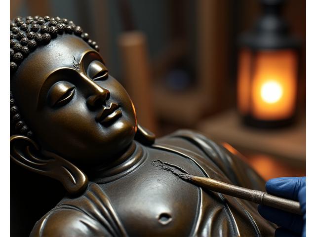 古びた金属製の仏像や装飾品が熟練の職人によって丁寧に修復されている様子。