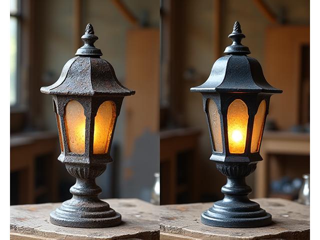 錆びたアンティークの金属製家具が修復され、元の輝きを取り戻している様子。ビフォーアフターがわかる構図。