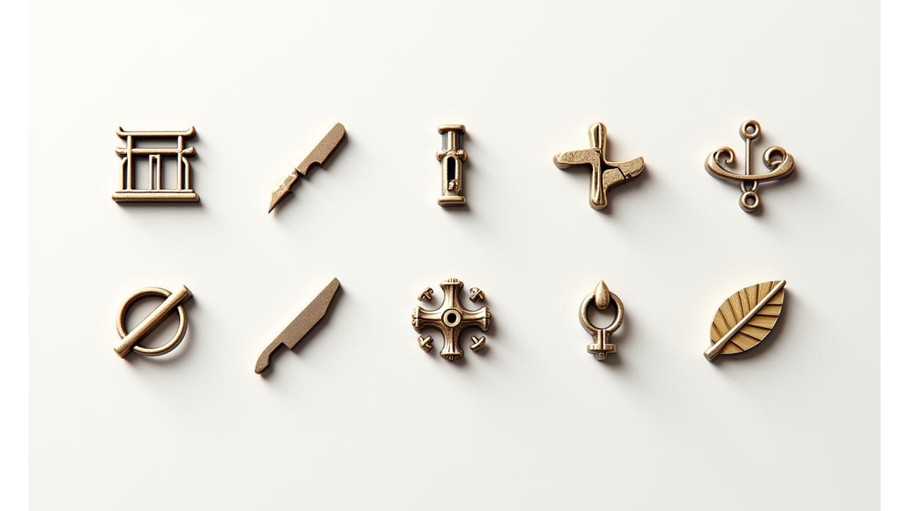 建築、工芸、産業など7つの異なる金属加工分野を象徴するアイコンが配置されたグリッド。各アイコンは精巧な鍛造品を想起させるデザイン。