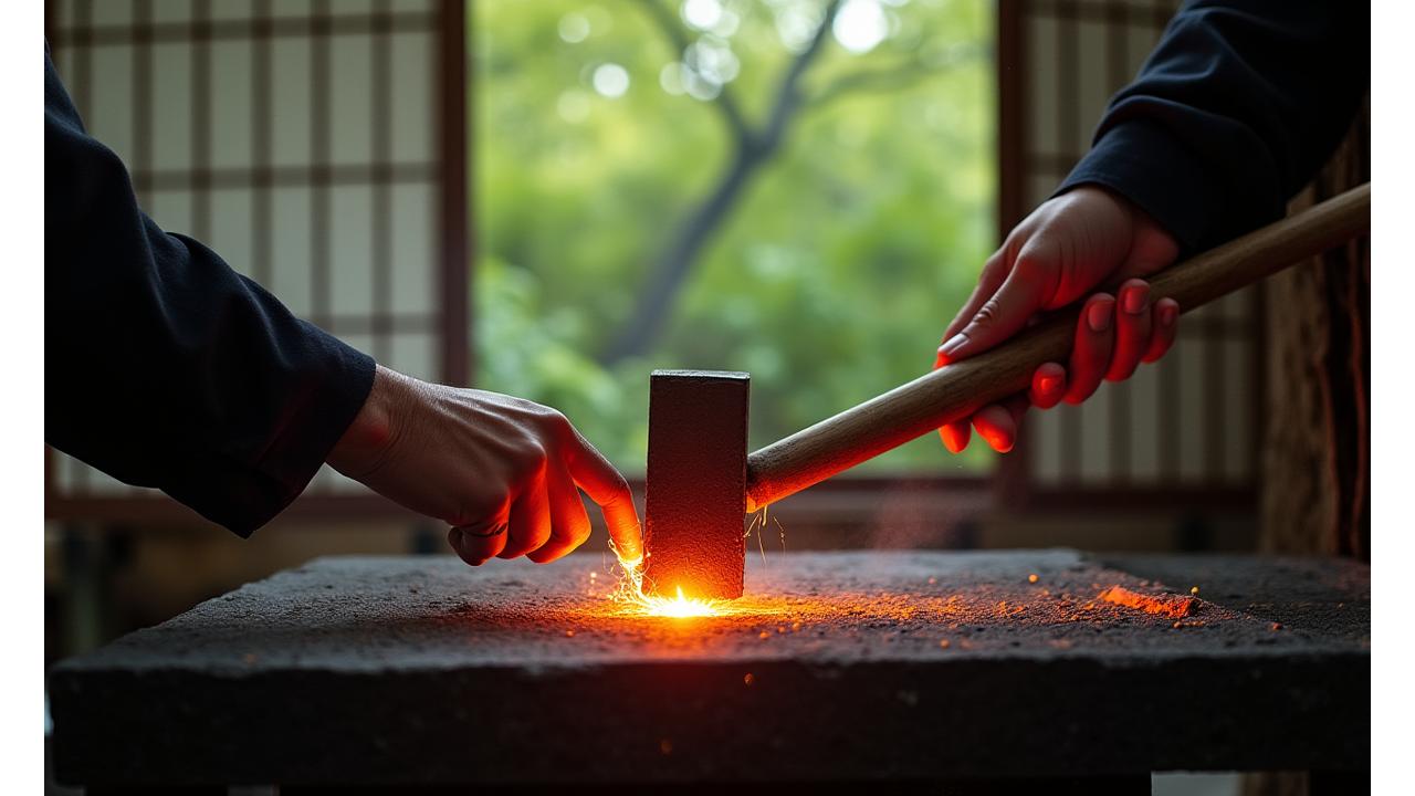 緑豊かな工房で伝統的な器具を使って金属を鍛造する職人の手元。光が差し込み、環境に配慮した製造風景を象徴している。
