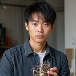 作品を手に微笑む若手鍛冶職人、佐藤