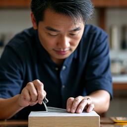 真剣な表情で包丁を研ぐ鍛冶職人、山本