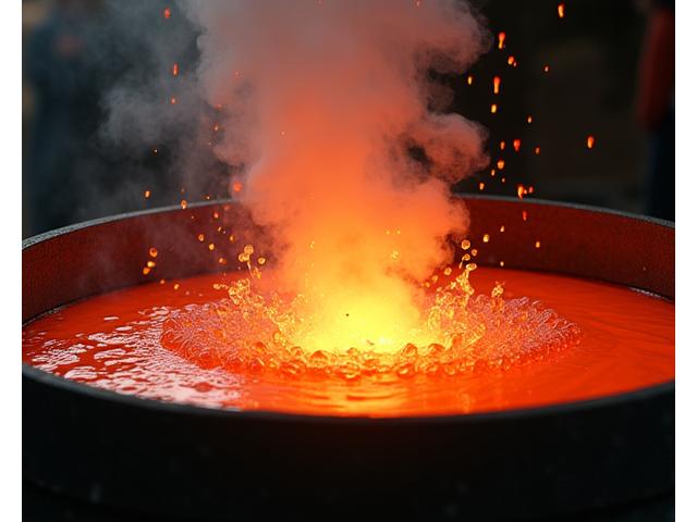 焼入れ作業で水に浸される赤い鉄