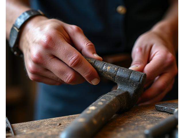 職人が自作の鍛造道具を手入れする様子